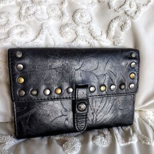 Patricia Nash Trifold 🖤Black Leather Wallet /Brass & Silver Studded Detail